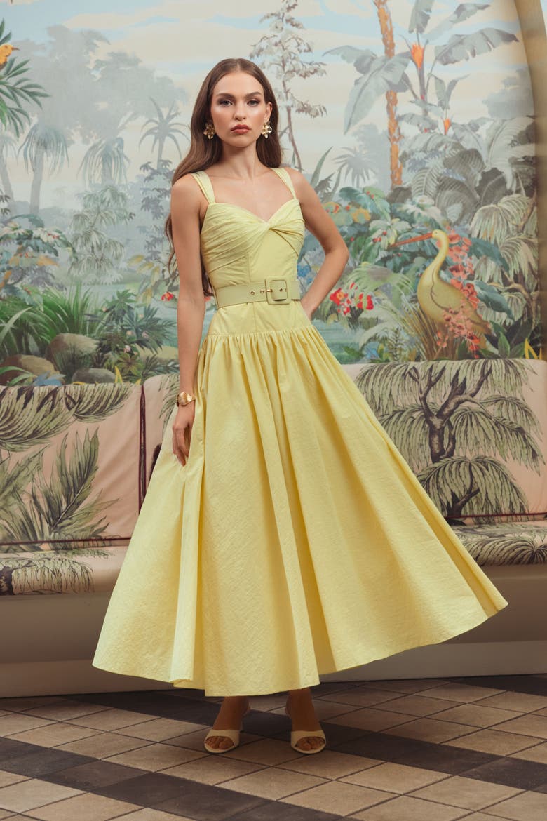 Sleeveless Faille A-Line Midi Dress With Belt, Alternate, color, Buttercup