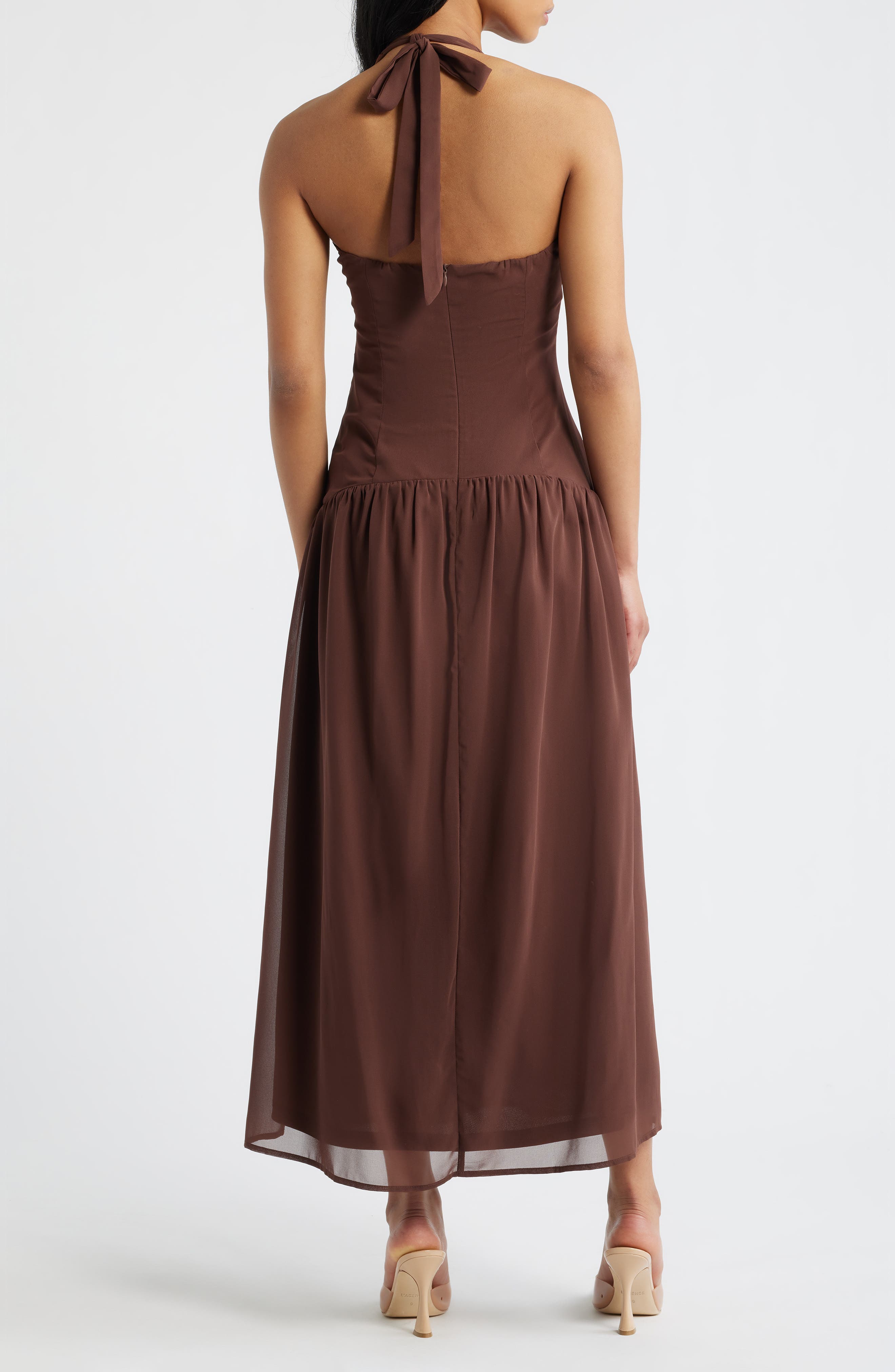 chestnut drop waist maxi dress brown Princess Polly Women's Chestnut Halter Neck Drop Waist Maxi Dress - Brown