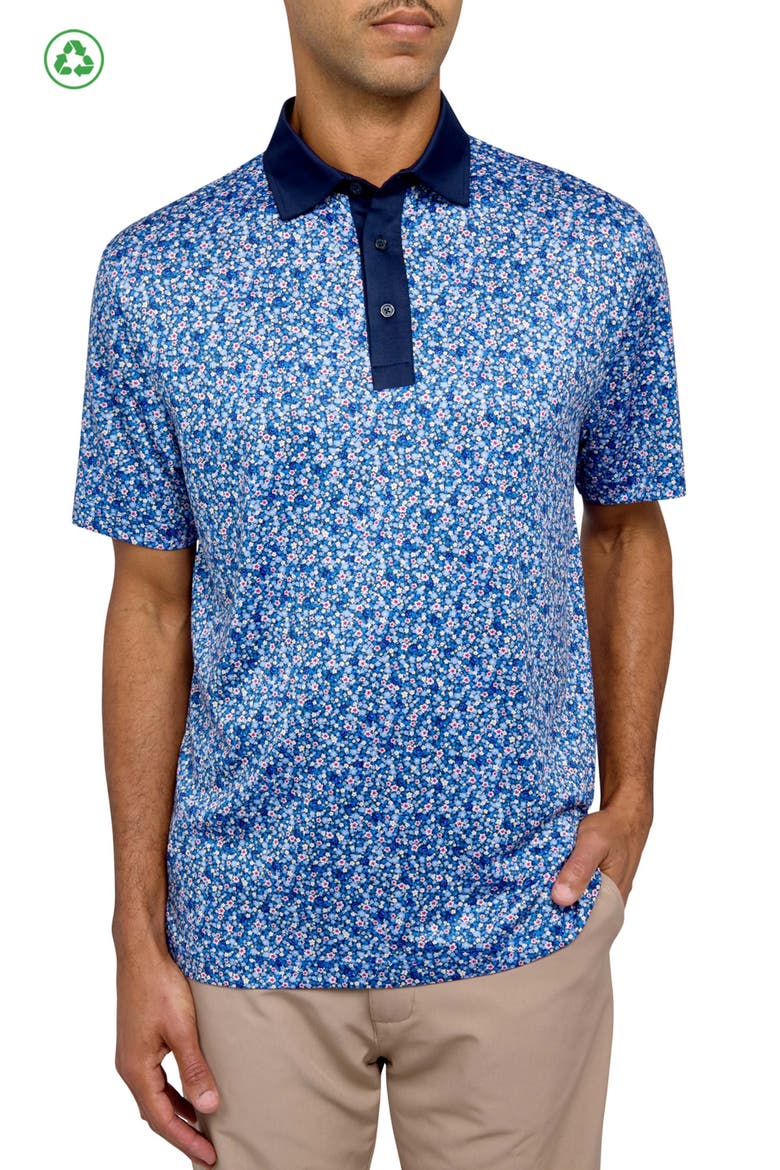 Regular Fit Micro Floral Print Recycled Performance Golf Polo, Main, color, WHITE/BLUE