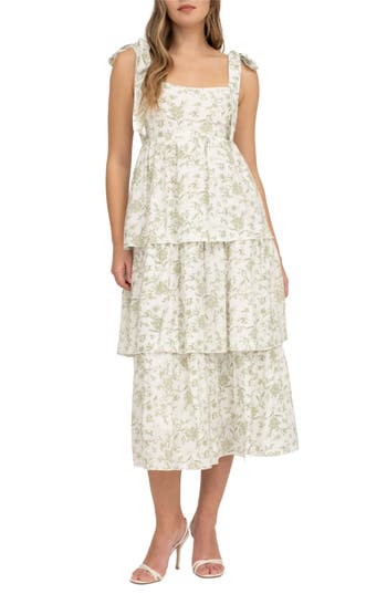August Sky Floral Empire Waist Tiered Midi Dress In Sage Multi