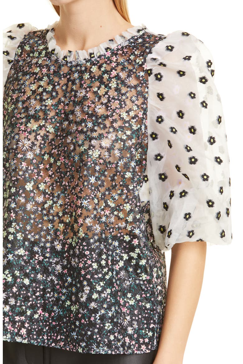 Cadi Floral Print Puff Sleeve Semisheer Top, Alternate, color, BLACK