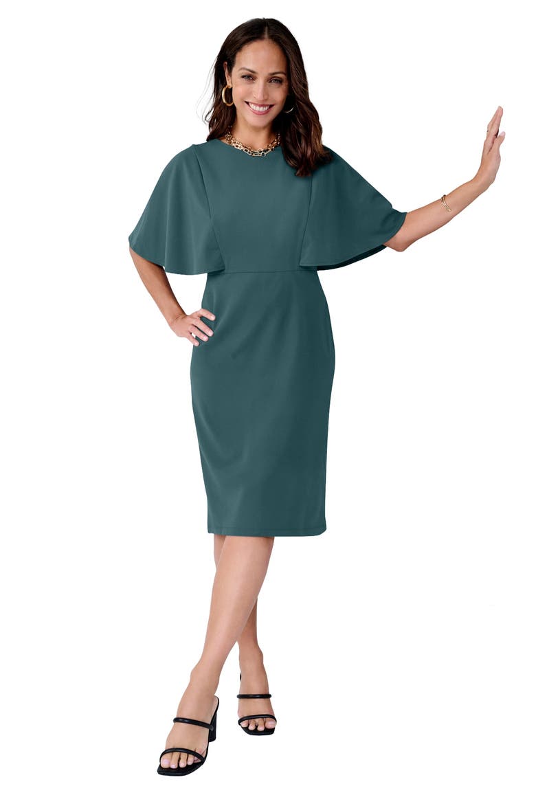 Stretch Crepe Cape Sheath Dress, Main, color, MYSTIC PINE