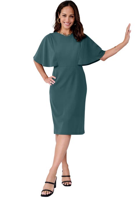Stretch Crepe Cape Sheath Dress (Plus)