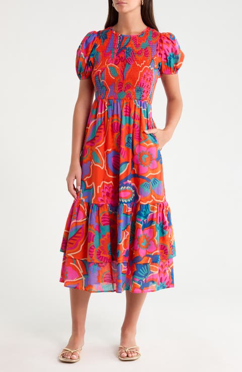 Kahlia Tropics Aruba Smocked Cotton Midi Dress