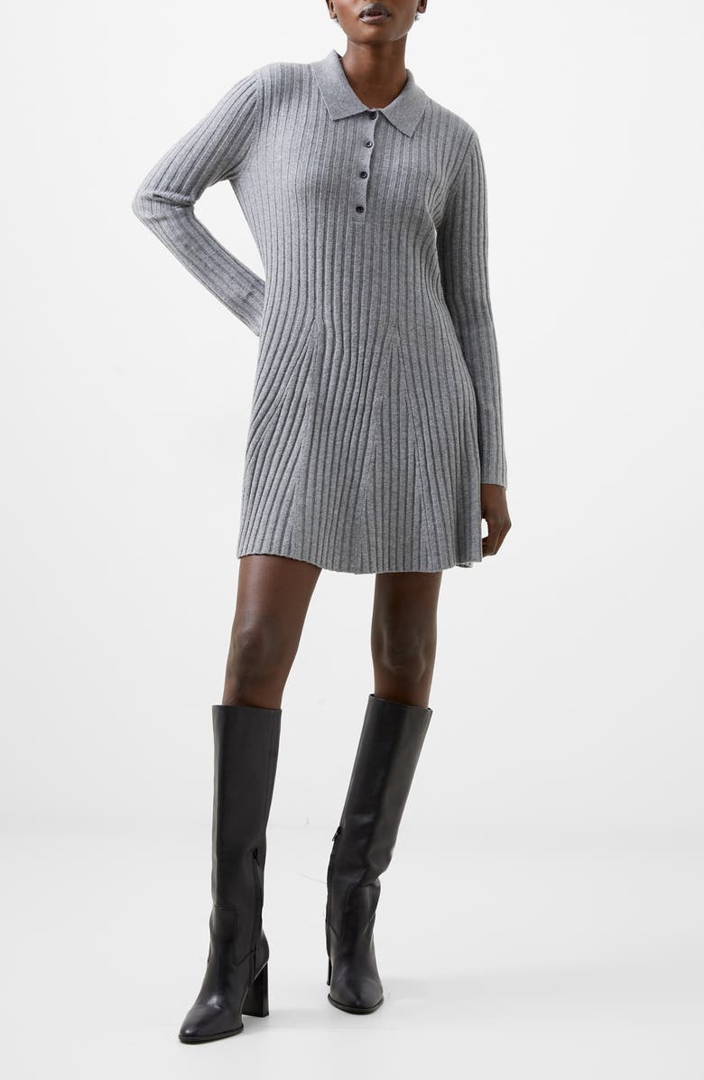 French Connection Vhari Long Sleeve Polo Sweater Minidress, Main, color, Mid Grey Melange