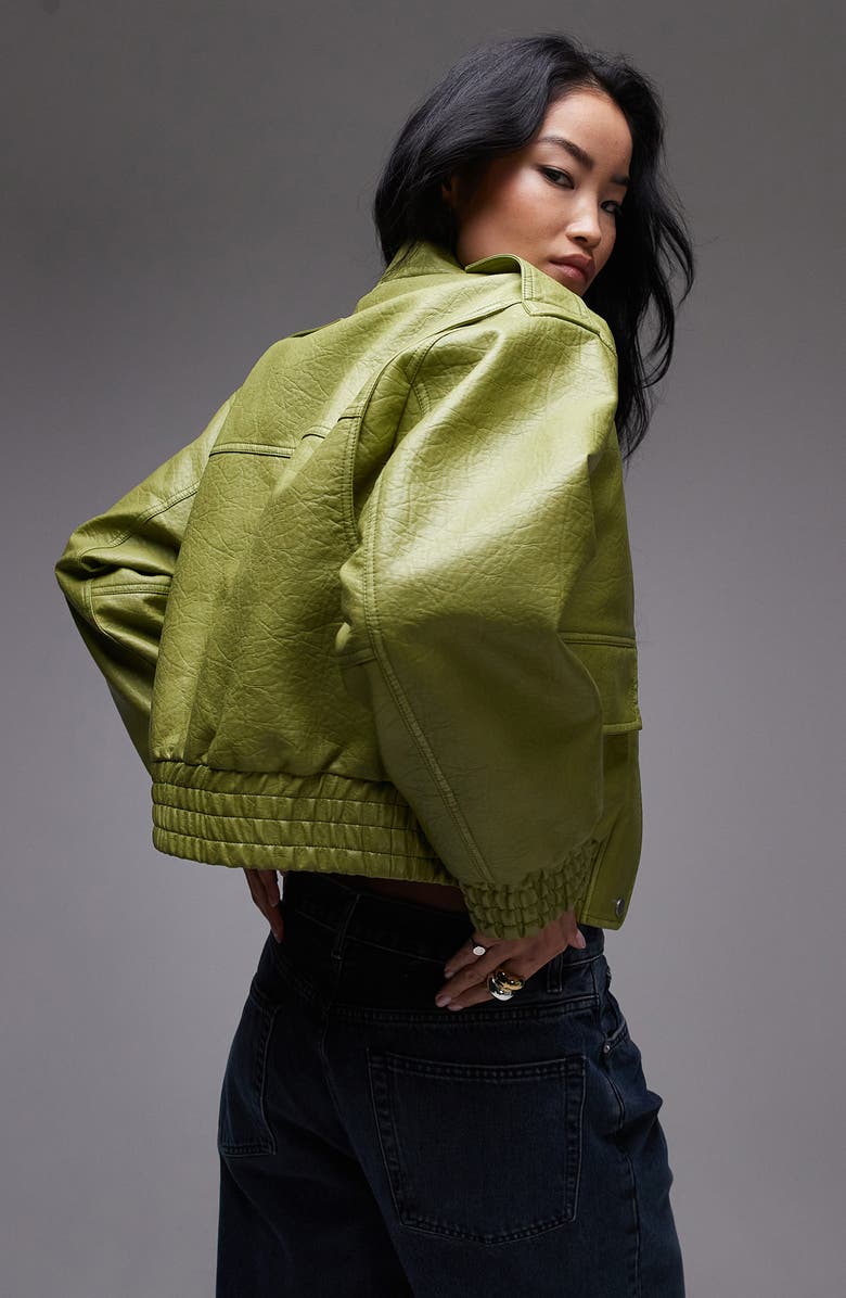 Topshop Textured Faux Leather Crop Bomber Jacket, Alternate, color,