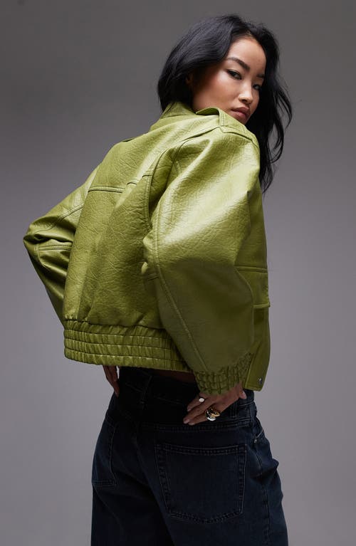 Topshop Textured Faux Leather Crop Bomber Jacket In Green