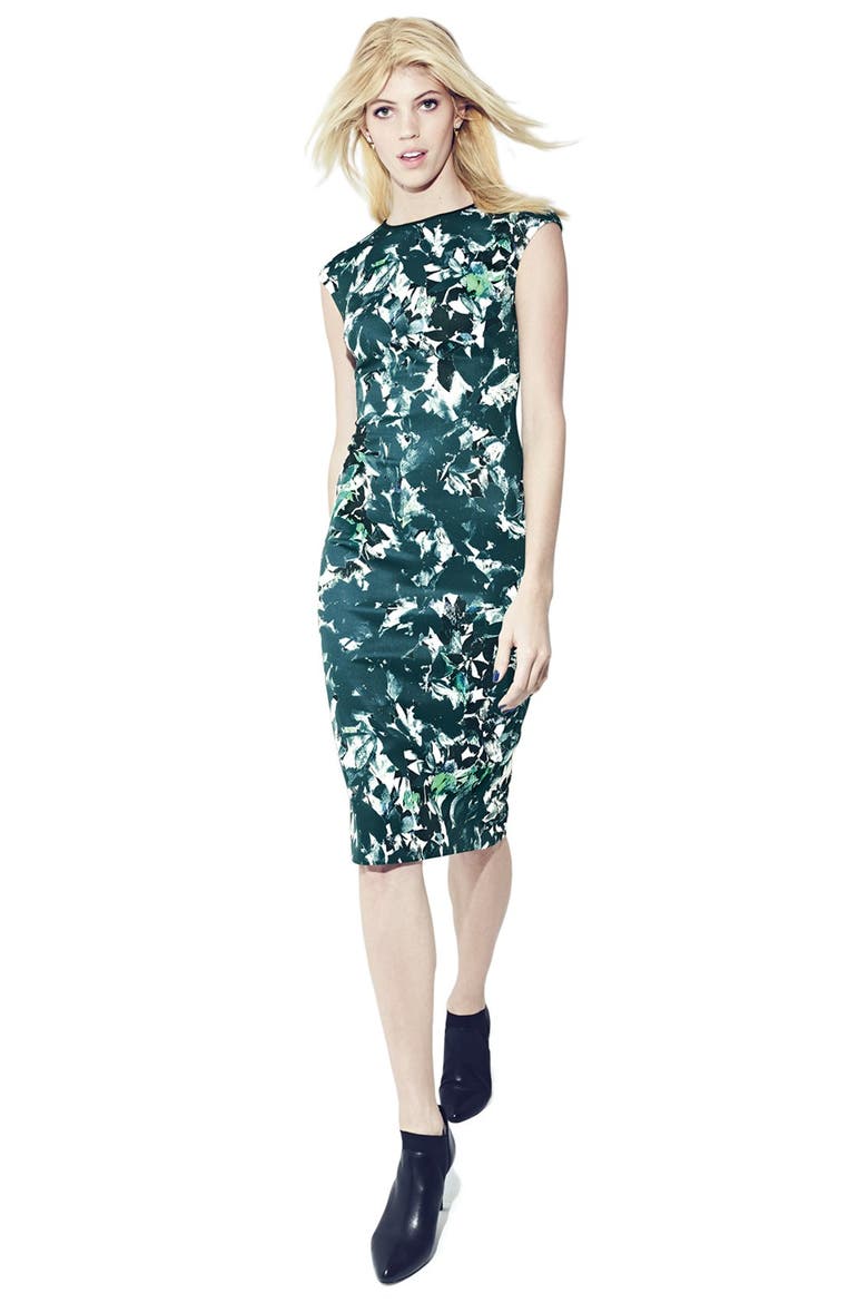 'Shadow Branch' Print Scuba Midi Dress, Alternate, color, SOFT WHITE/ FOREST GREEN
