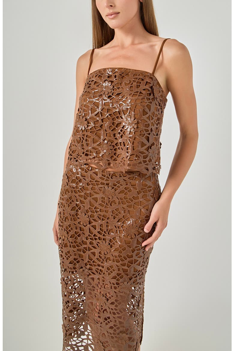 Sequin Floral Lace Midi Skirt, Alternate, color, DARK BROWN