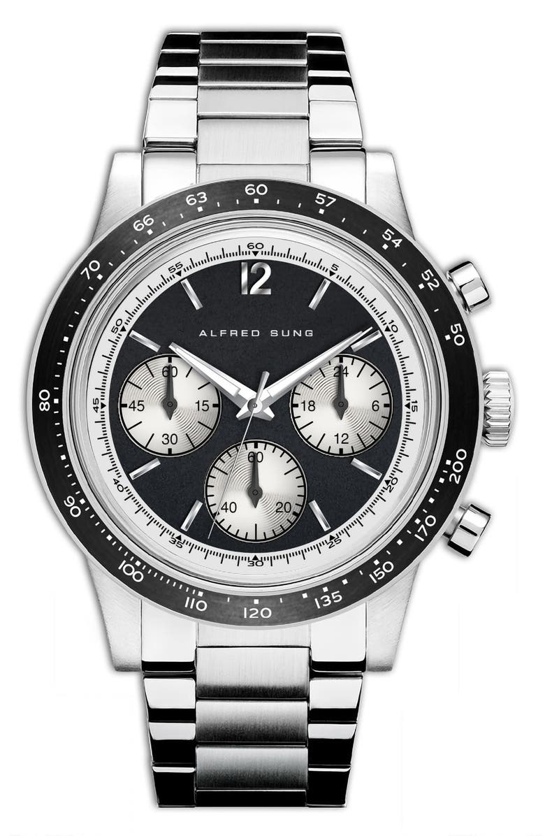 Alfred Sung Chronograph II Bracelet Strap Watch, 44mm, Main, color, Silver Bracelet/Black Dial