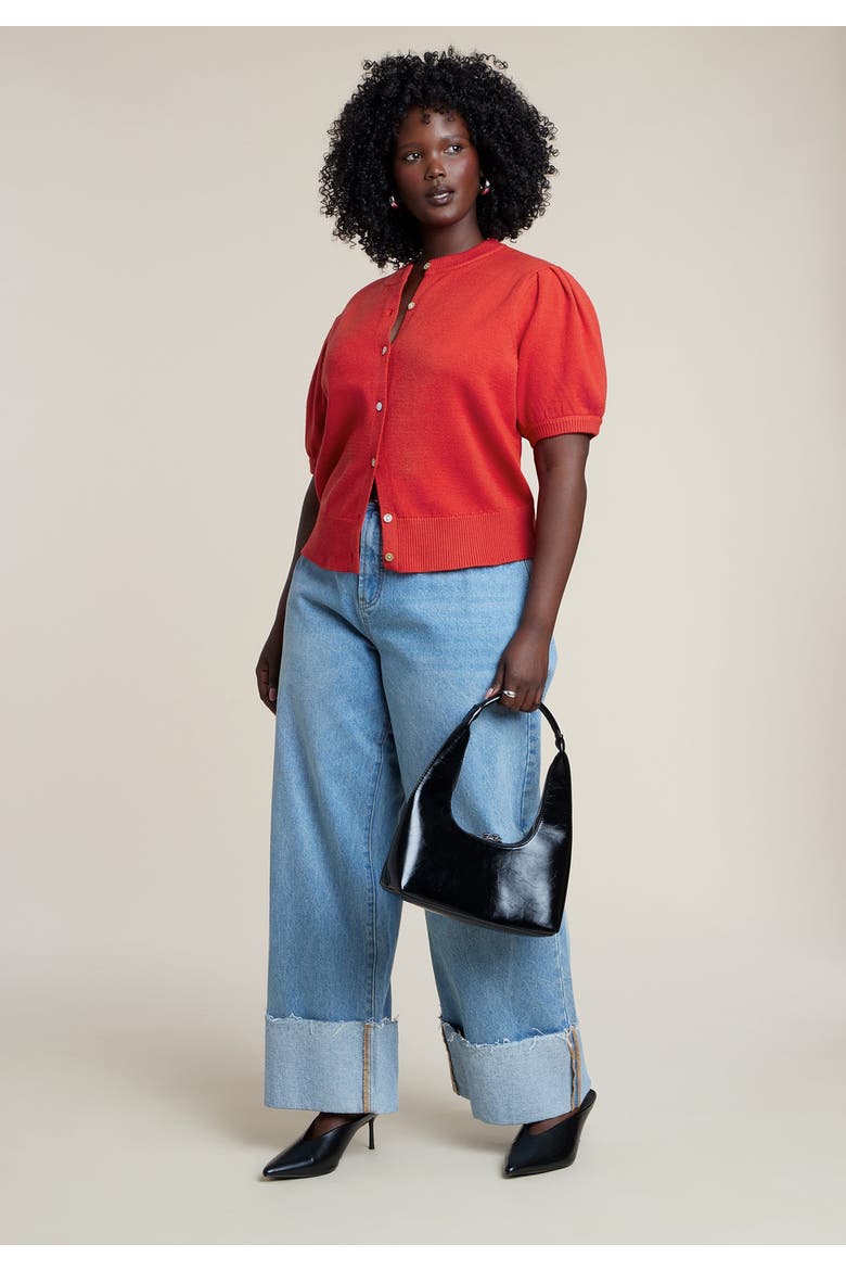 Puff Sleeve Cropped Cardigan, Alternate, color, PATROL RED