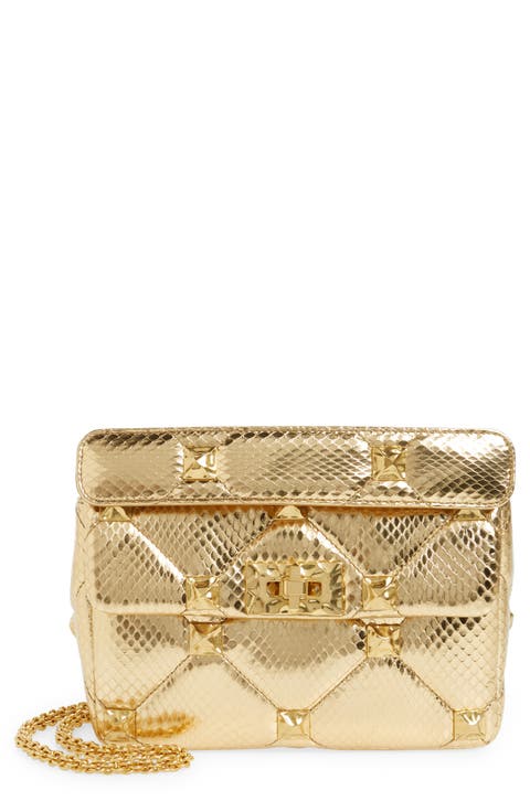 Medium Roman Stud Embossed Metallic Leather Shoulder Bag