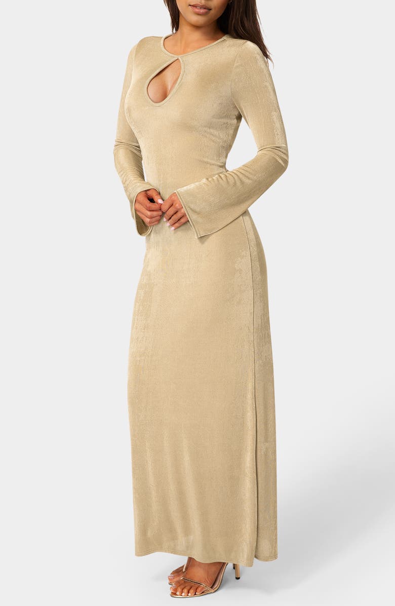 bebe Keyhole Bell Sleeve Maxi Dress, Alternate, color, Beige