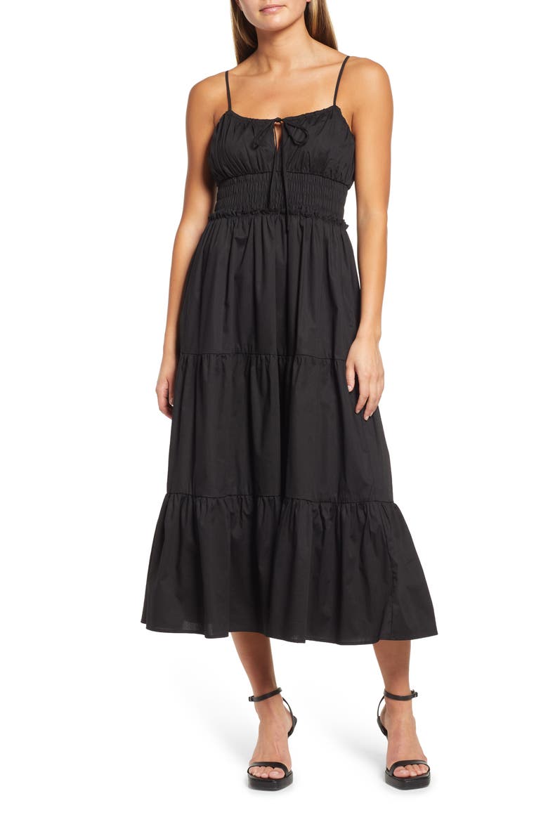 Wisteria Floral Tiered Midi Sundress, Main, color, BLACK