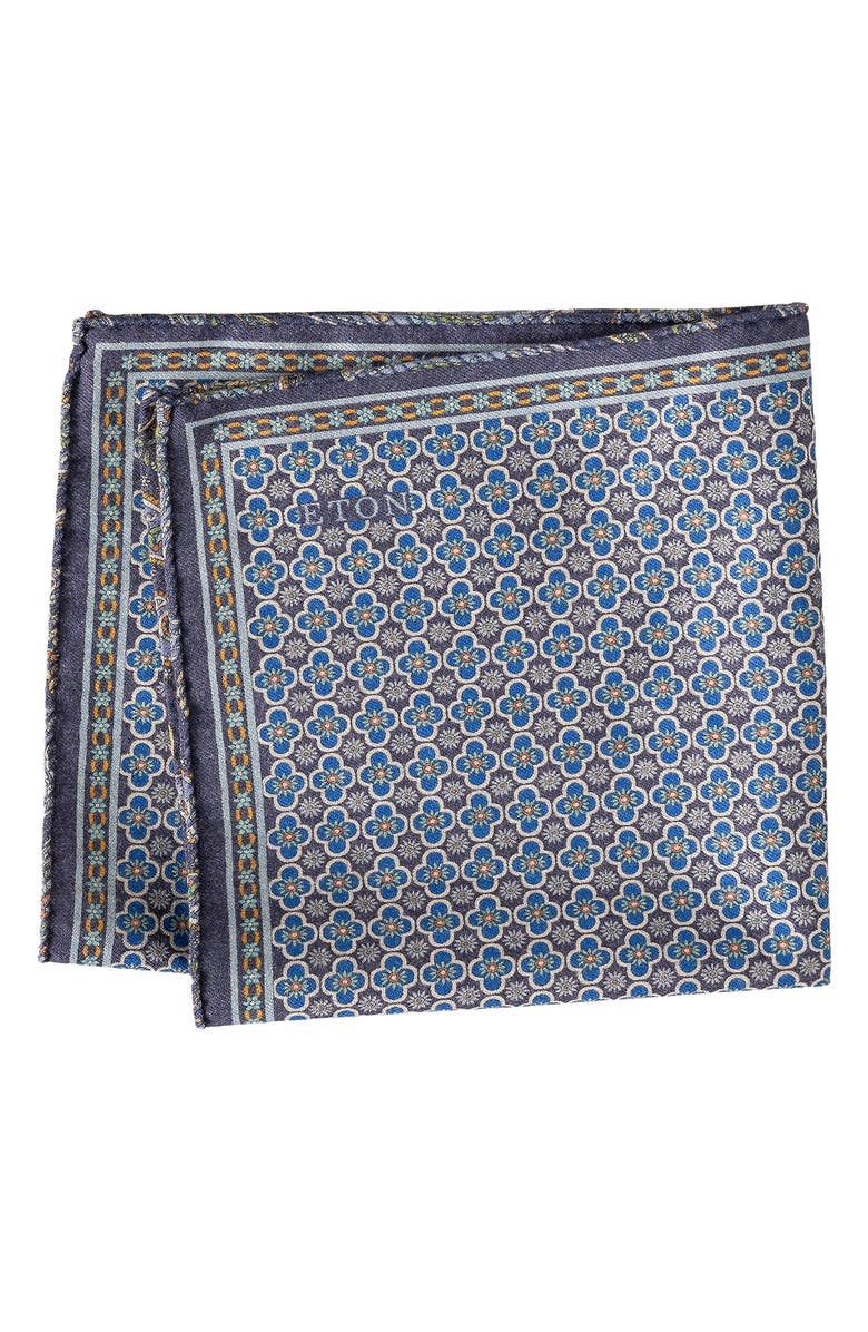 Eton Navy Quatrefoil & Paisley Reversible Wool Pocket Square, Main, color, Medium Blue