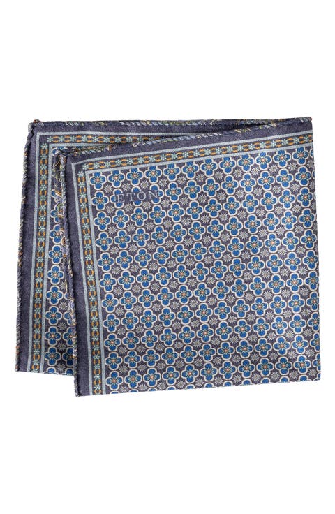 Navy Quatrefoil & Paisley Reversible Wool Pocket Square