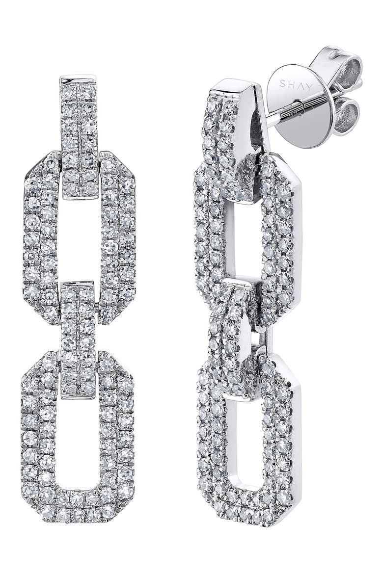 Diamond Pavé 18K Gold Flat Geo Link Drop Earrings, Main, color, WHITE GOLD