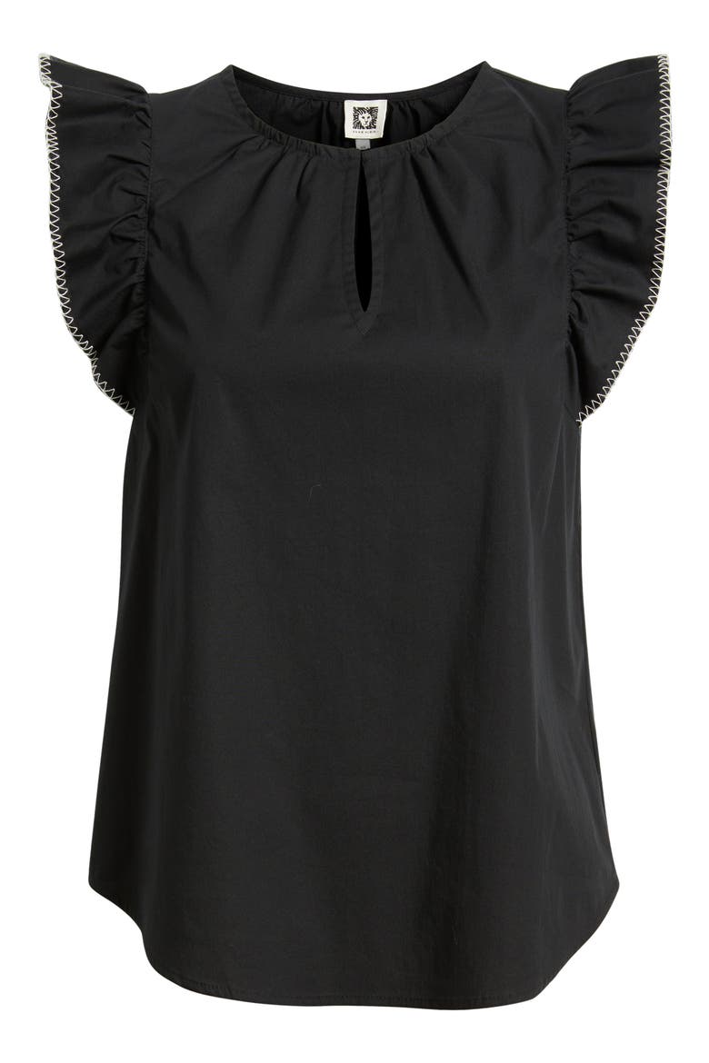 Blanket Stitch Flutter Sleeve Cotton Blend Top, Alternate, color, ANNE BLACK