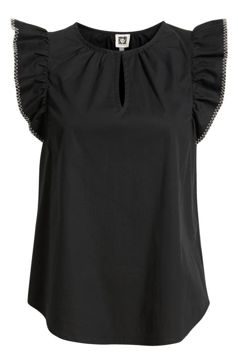 Blanket Stitch Flutter Sleeve Cotton Blend Top