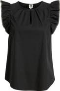 Anne Klein Blanket Stitch Flutter Sleeve Cotton Blend Top