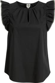 Anne Klein Blanket Stitch Flutter Sleeve Cotton Blend Top