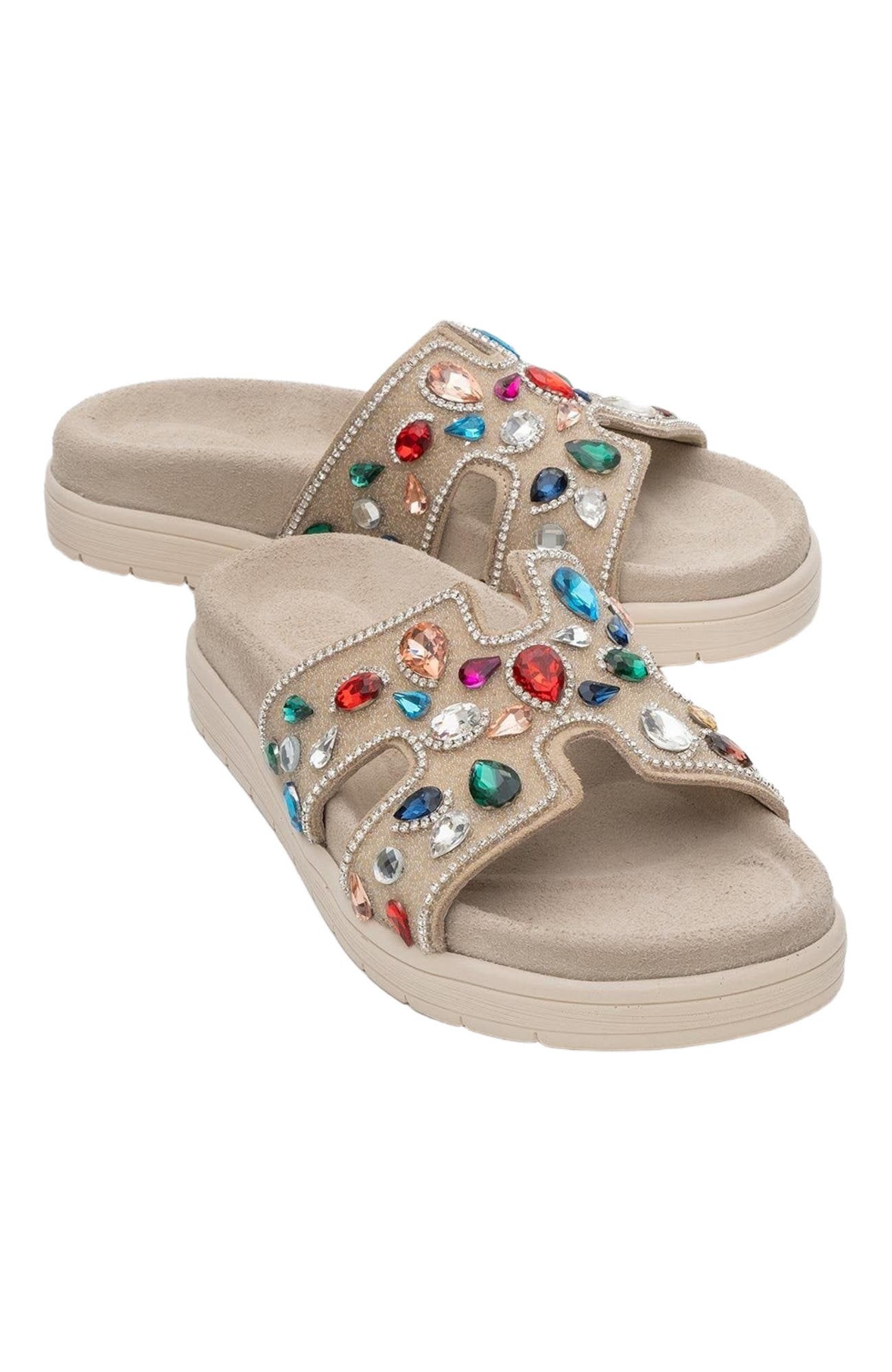 Forever 
Always Shoes Denilla Leather Embellished Slide Sandal, Main, color, Beige Leather