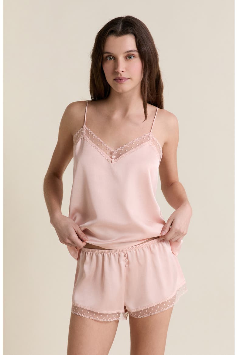 Plume Lace Trim Satin Shorts, Alternate, color, POWDER PINK
