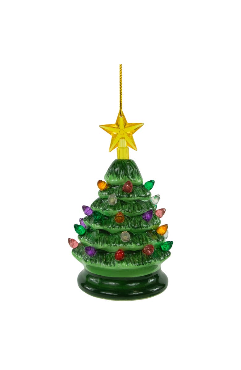 Northlight 5" Green Battery-Operated LED Retro Ceramic Christmas Tree Ornament, Main, color,