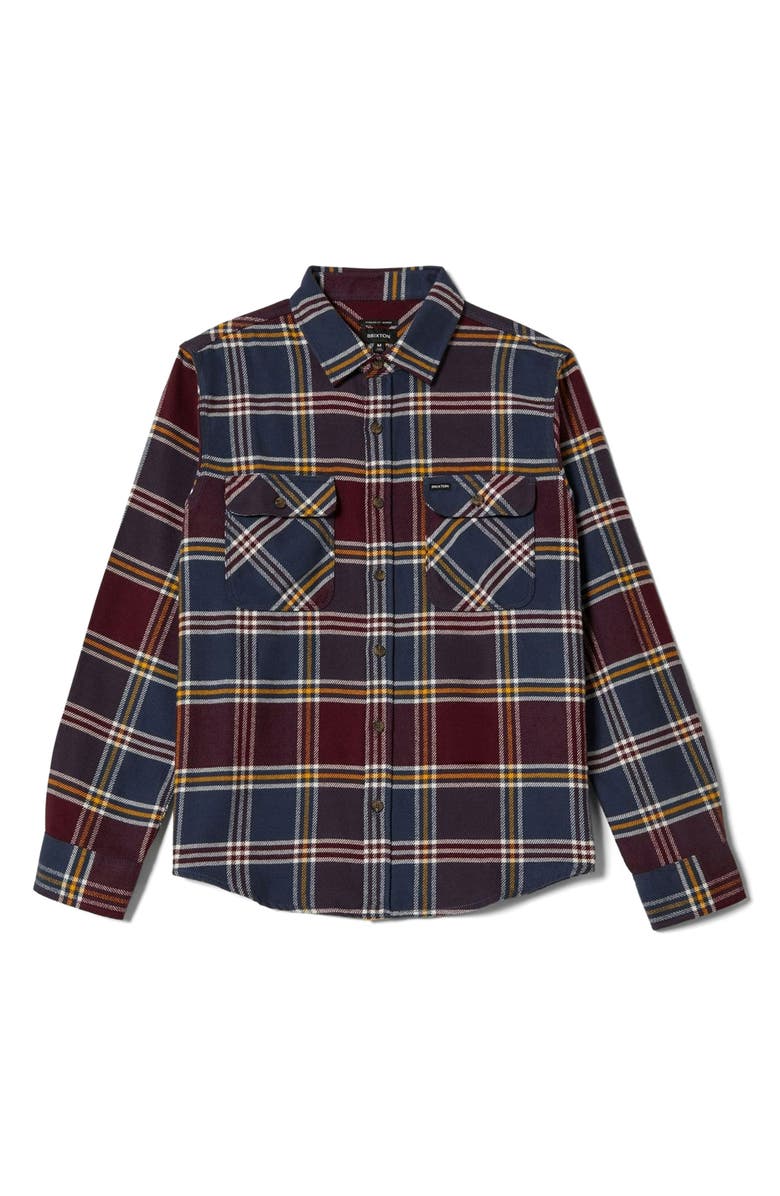Brixton Bowery Plaid Flannel Button-Up Shirt, Alternate, color, Mood Indigo/Port/Saffron