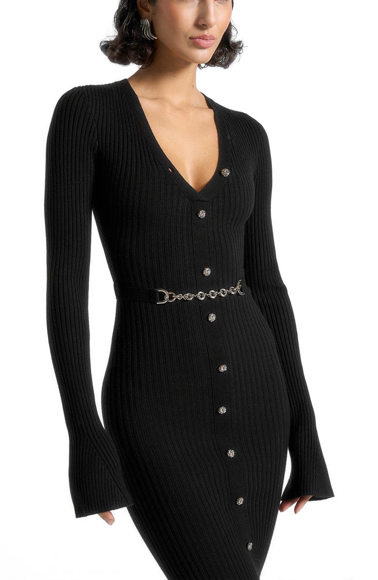 Manière De Voir Assia Long Sleeve Knitted Midaxi Dress With Belt, Main, color, Black