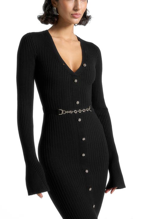 Assia Long Sleeve Knitted Midaxi Dress With Belt