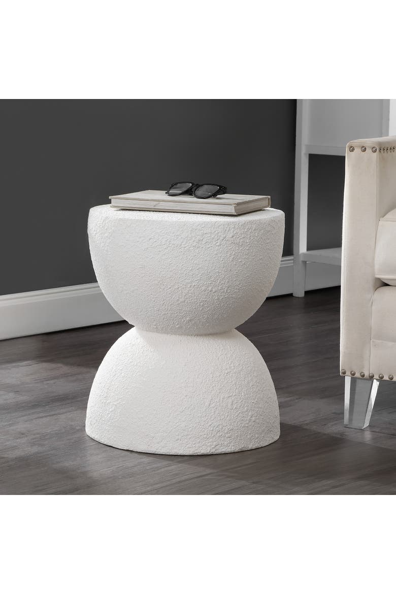 Greta Modern Frosted Textured Hourglass Indoor/Outdoor Stool & Side Table, All-Weather Patio Accent End Table, Alternate, color, White Frosted