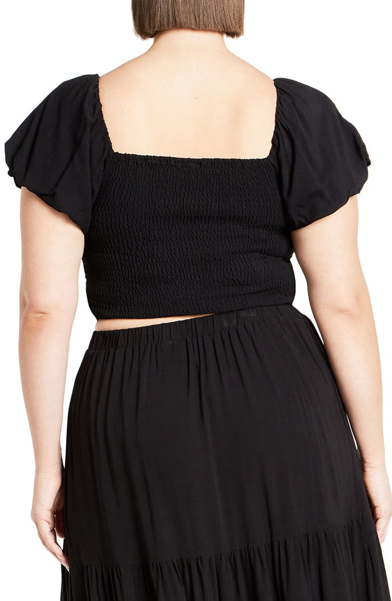 City Chic Dylan Smocked Puff Sleeve Crop Top, Alternate, color, Black