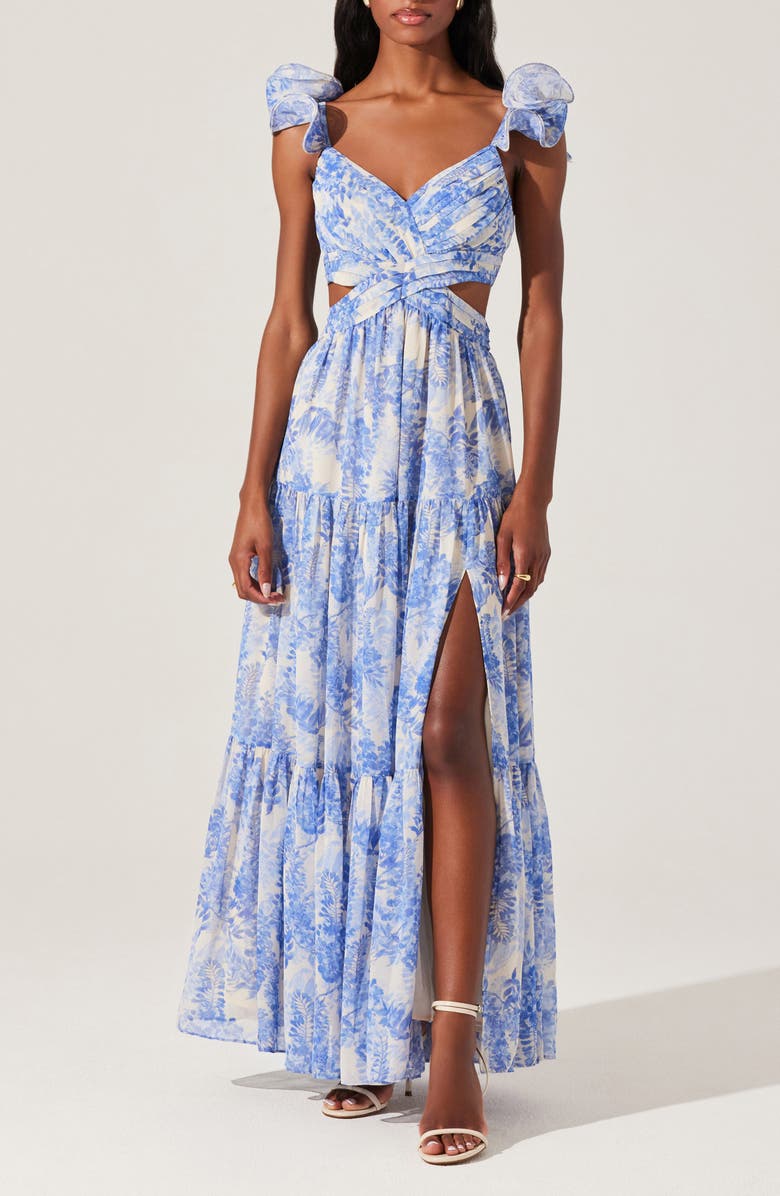ASTR the Label Frittilaria Floral Cutout Detail Maxi Dress, Main, color, Blue Floral