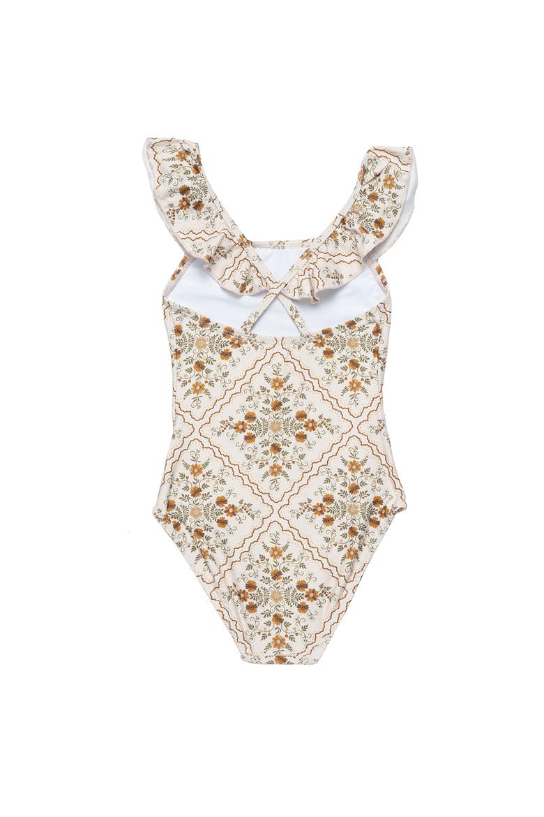 Love Notes Square Neck Ruffle One Piece Swimsuit, Alternate, color, Cream-Brown