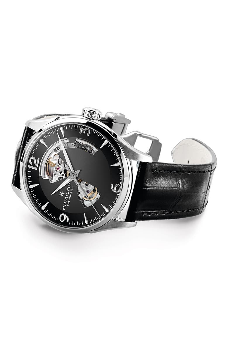 Jazzmaster Open Heart Automatic Leather Strap Watch, 42mm, Alternate, color, BLACK