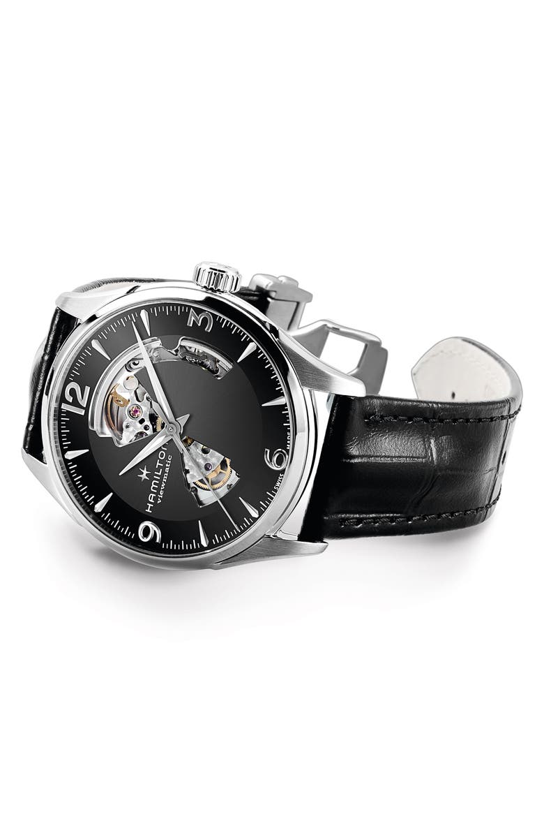 Hamilton Jazzmaster Open Heart Automatic Leather Strap Watch, 42mm, Alternate, color, Black
