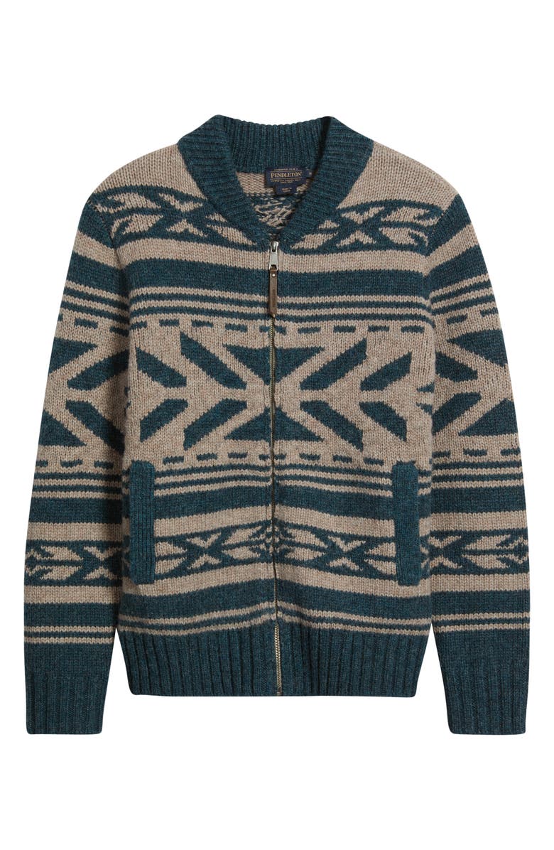 Pendleton Graphic Wool Zip Cardigan, Alternate, color, Teal Heather