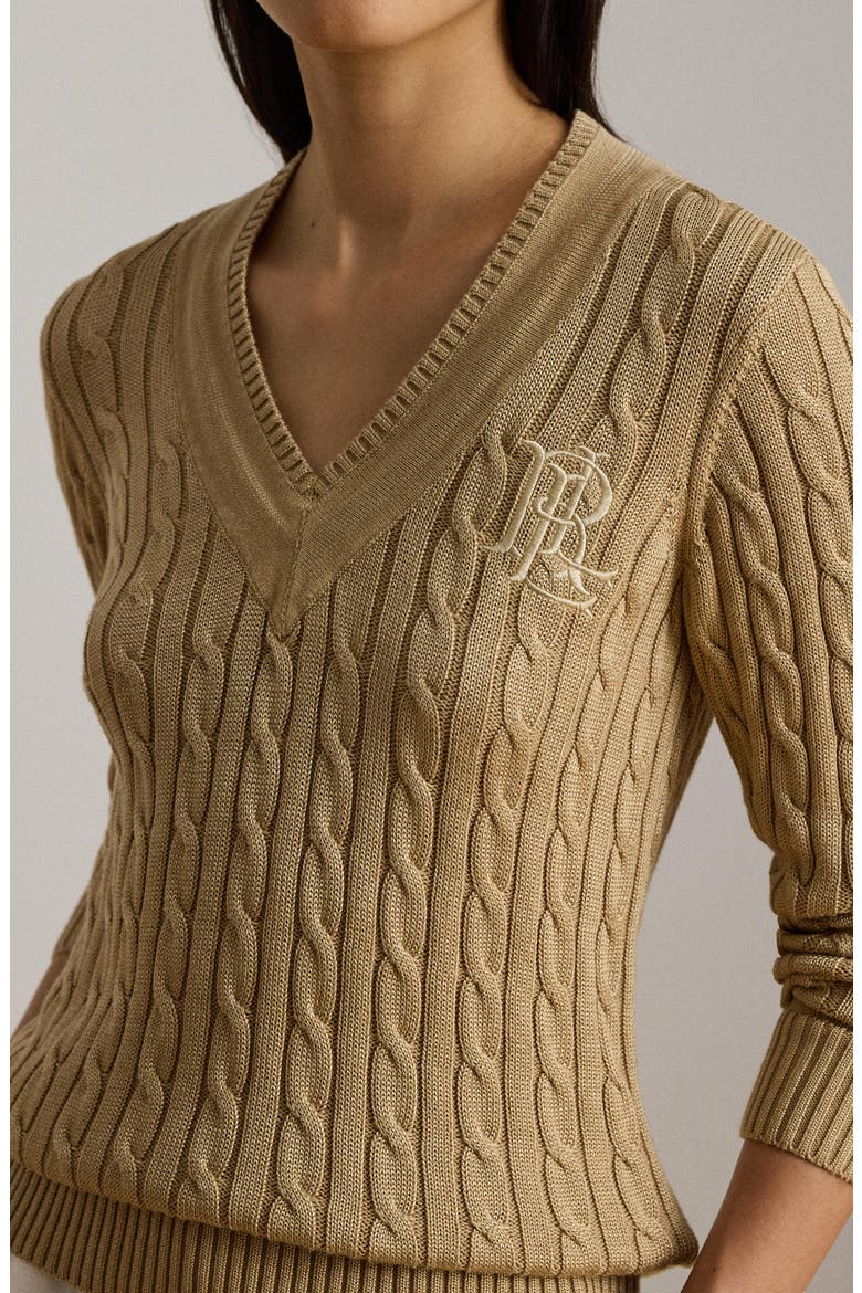 Cable Stitch V-Neck Sweater, Alternate, color, BEIGE