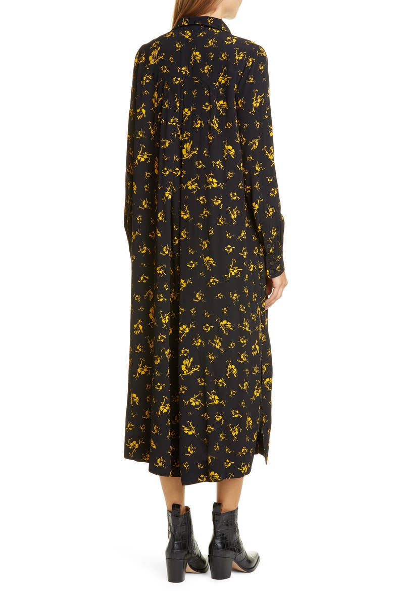 Floral Print Crepe Long Sleeve Midi Dress, Alternate, color, BLACK