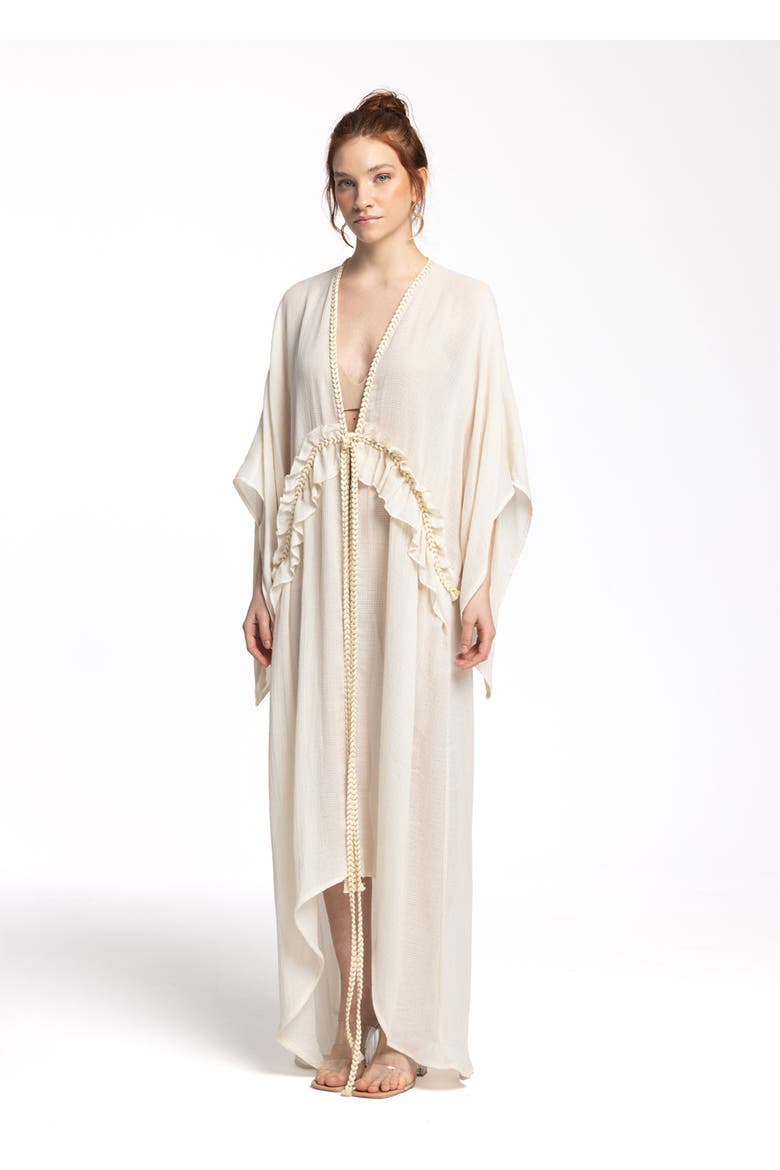 Leora 100% Cotton With Gold Braided Details Maxi Kimono, Alternate, color, Ivory