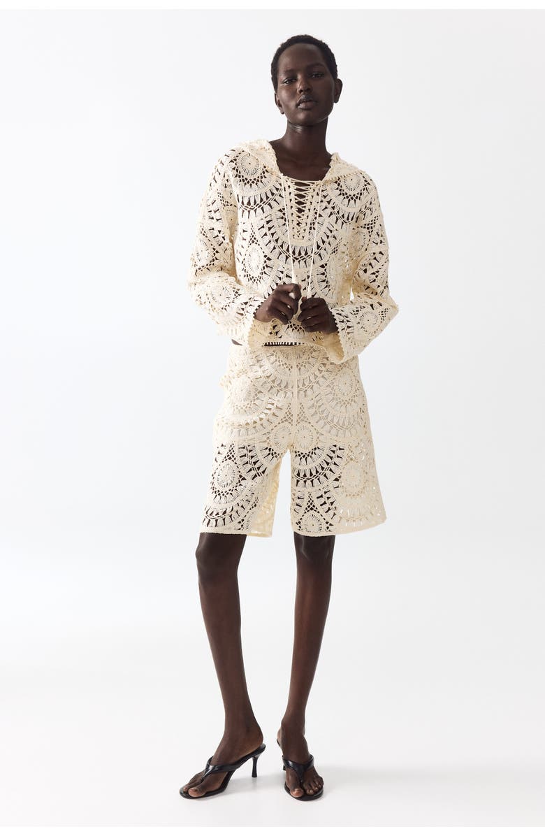 H&M Crochet-look Lace-up Hoodie, Alternate, color, Cream