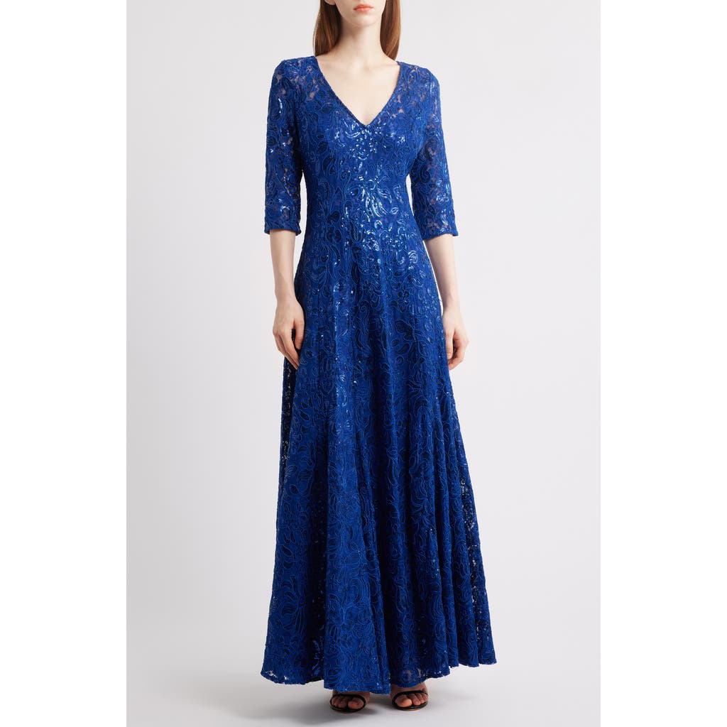 Tahari ASL Beaded Sequin Long Sleeve Gown in Deep Royal  product