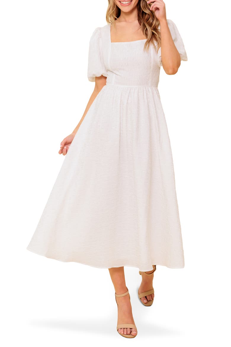 Puff Sleeve Tie Back Fit & Flare Midi Dress, Main, color, IVORY