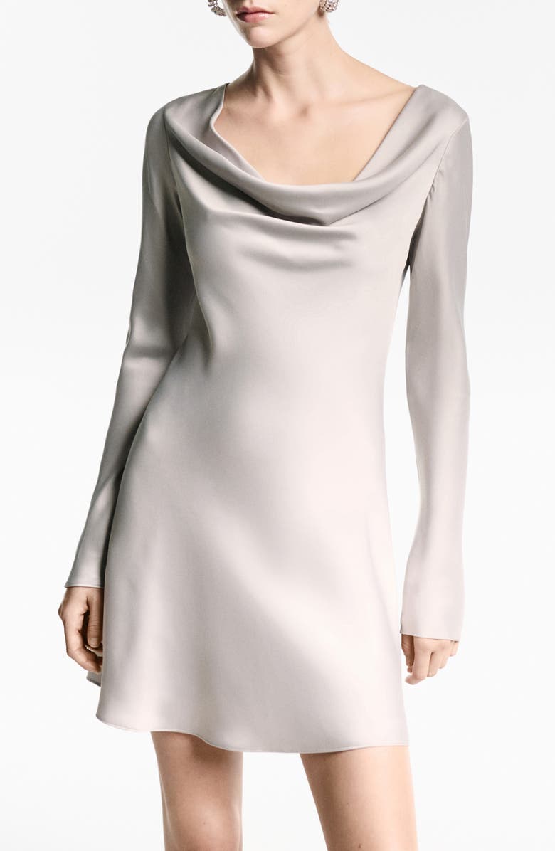 MANGO Draped Neck Long Sleeve Satin Minidress, Main, color, 