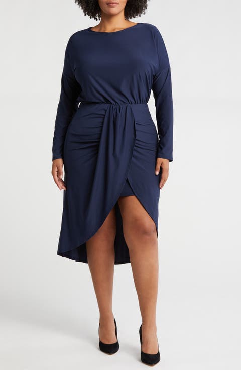 Wrap Skirt Long Sleeve Jersey Dress (Plus)
