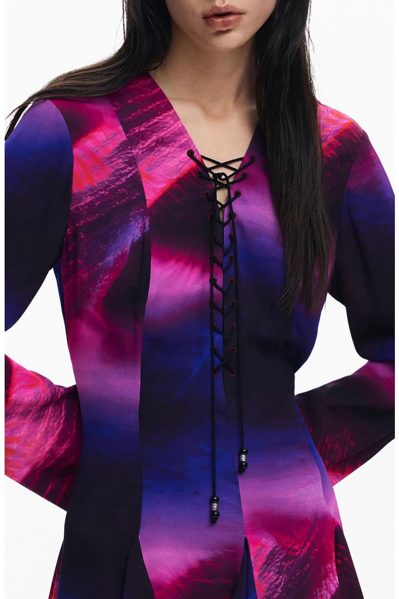 Print Lace Up Long Sleeve Minidress, Alternate, color, PURPLE