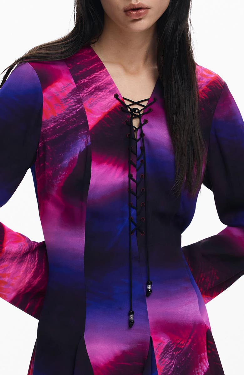 Desigual Print Lace Up Long Sleeve Minidress, Alternate, color, Purple