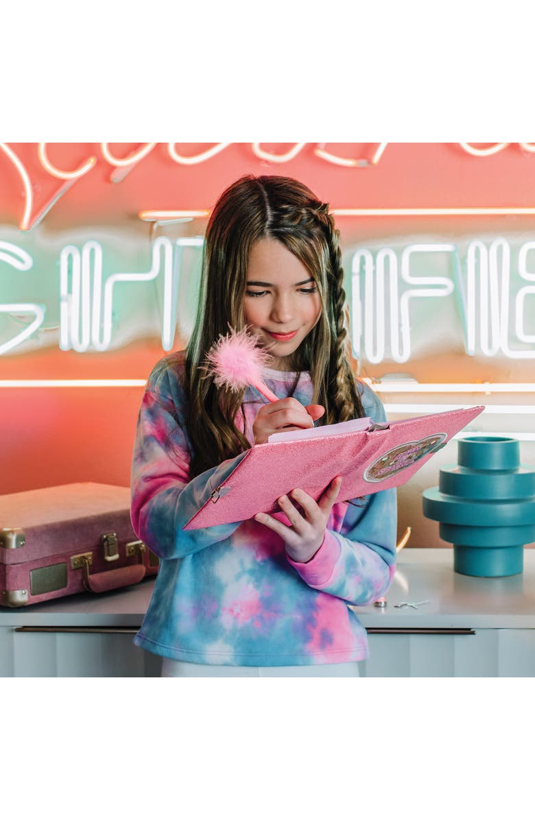 Three Cheers For Girls Born To Sparkle Glitter Locking Journal Pink W/ Matching Pom Pen, Alternate, color, Pink