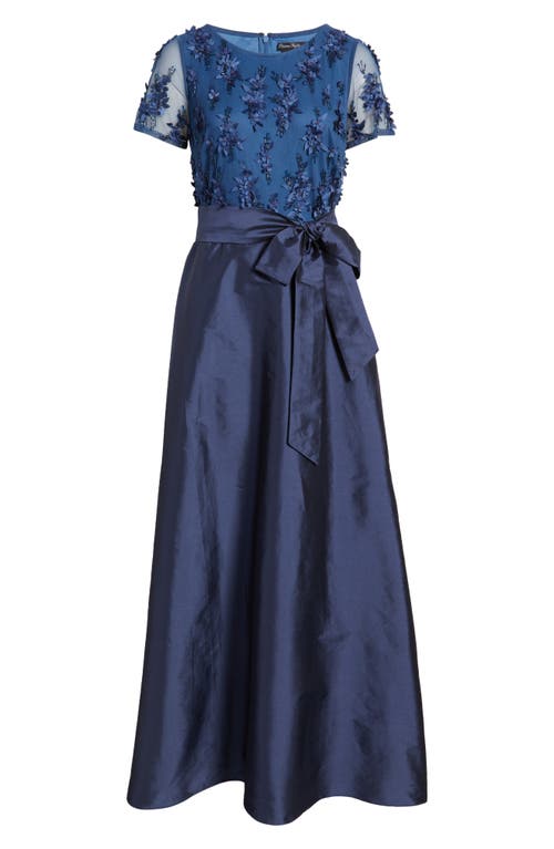 Pisarro Nights 3d Floral Bodice Beaded Gown In Denim